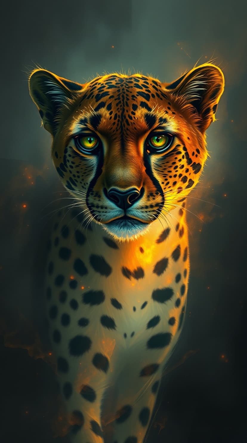 Cheetah face with glowing yellow eyes emerging from dark shadows, showing detailed spotted fur and a fierce gaze.
