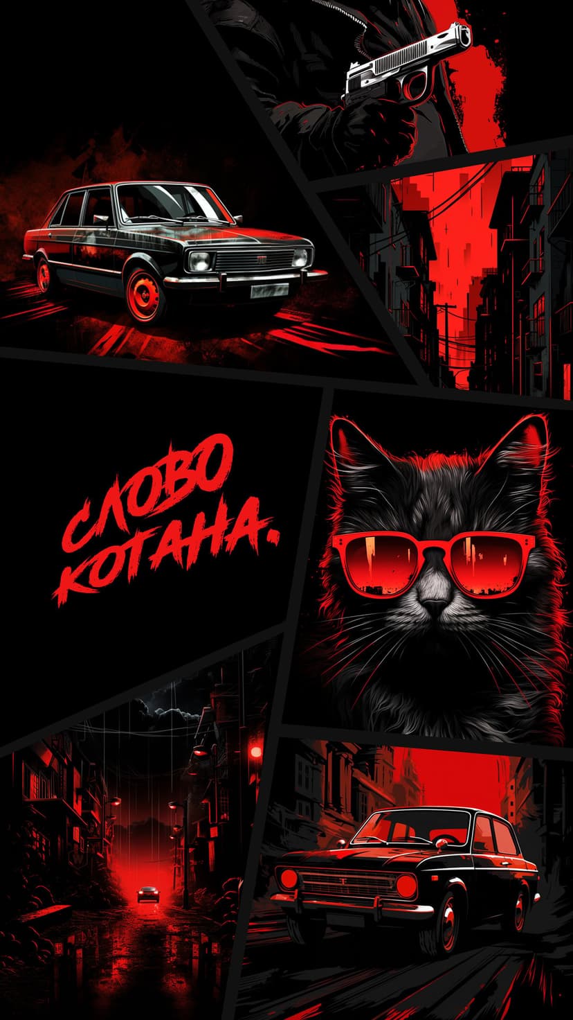 Black cat wearing red sunglasses sits next to a classic red car while a hand holds a pistol in a dark city.
