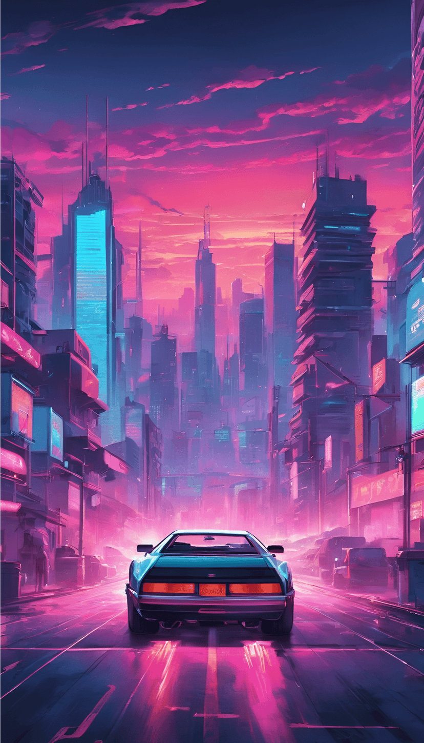 Neon sports car driving on a wet city street between glowing pink skyscrapers under a cloudy purple night sky.