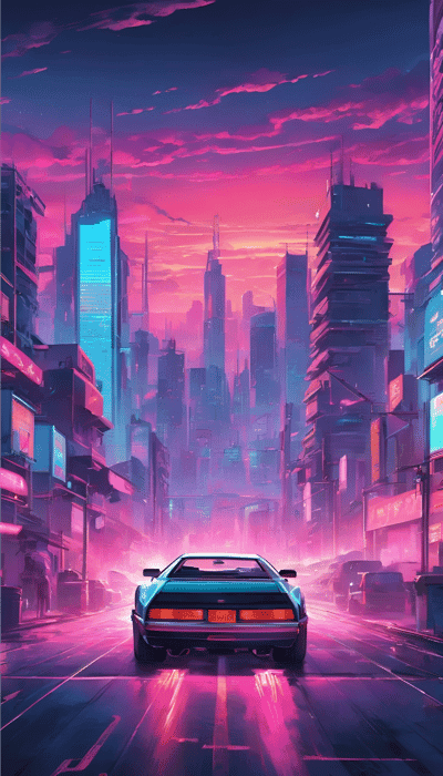 Synthwave City Drive: Neon Car in Pink Cyberpunk Metropolis