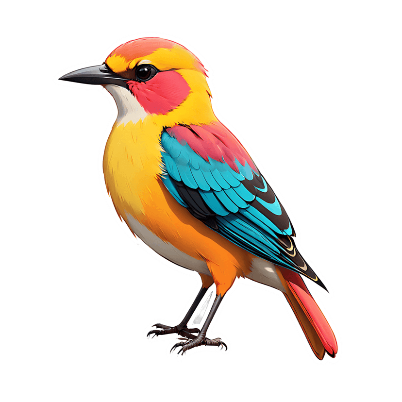 Tropical bird sticker illustration shows a colorful profile view with red wings and yellow body feathers.
