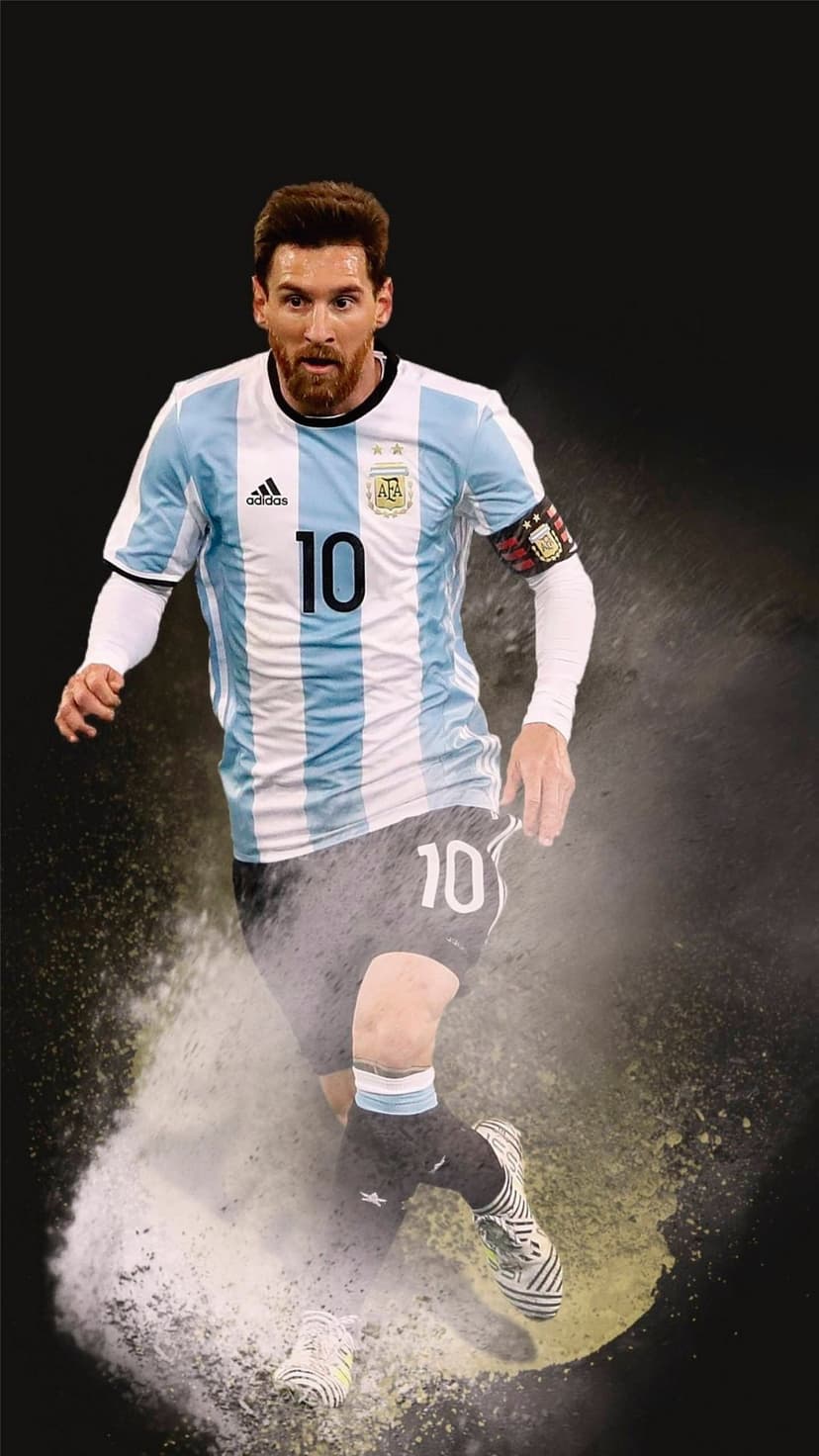 Lionel Messi runs in an Argentina jersey with dust clouds rising from his feet against a soft stadium blur.