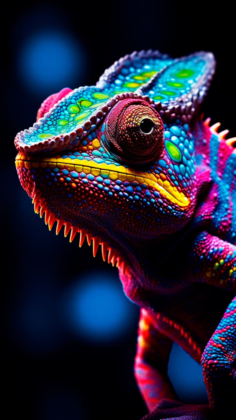 Iridescent chameleon with pink and blue scales, a unique eye, and serrated jaw against soft blue bokeh light.