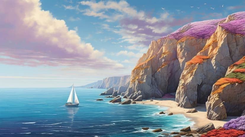 White sailboat with full sails glides past steep cliffs covered in vibrant purple and orange wildflowers.