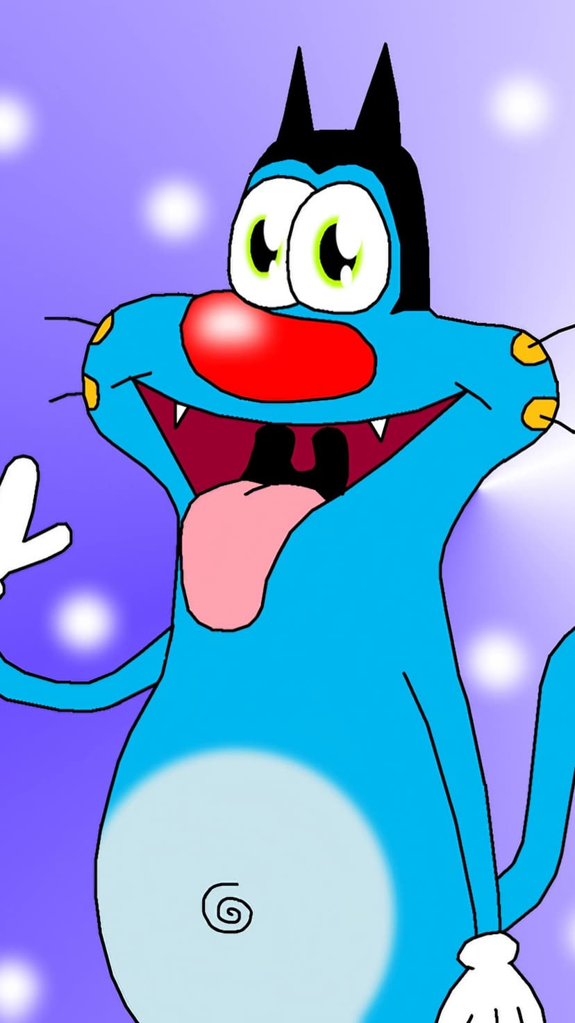 Oggy the Cat with blue fur and a red nose sticks his tongue out against a soft purple glowing orb background.