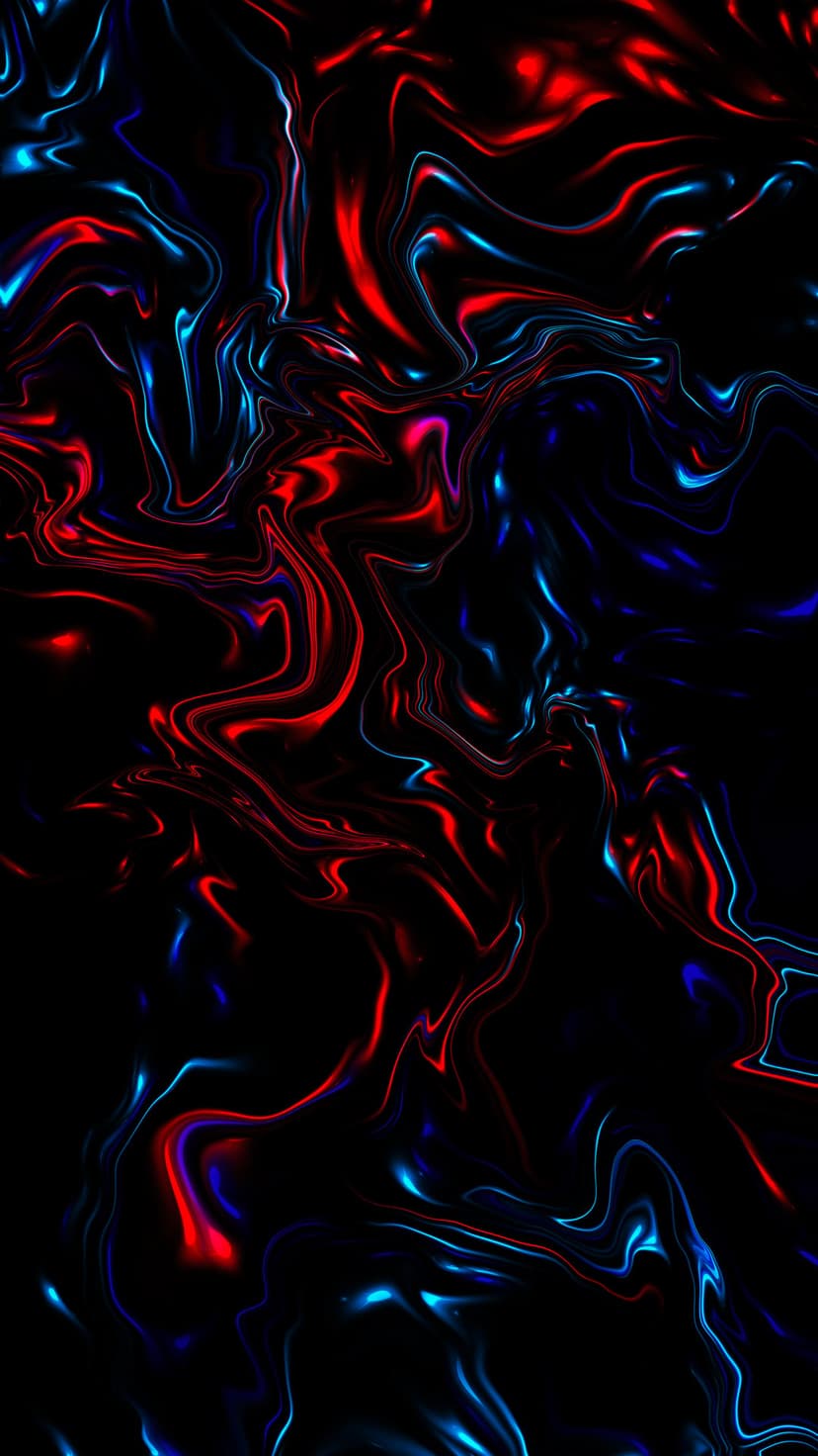 Glowing red and blue ribbons of light swirl through a black void, forming a fluid and energetic abstract composition.
