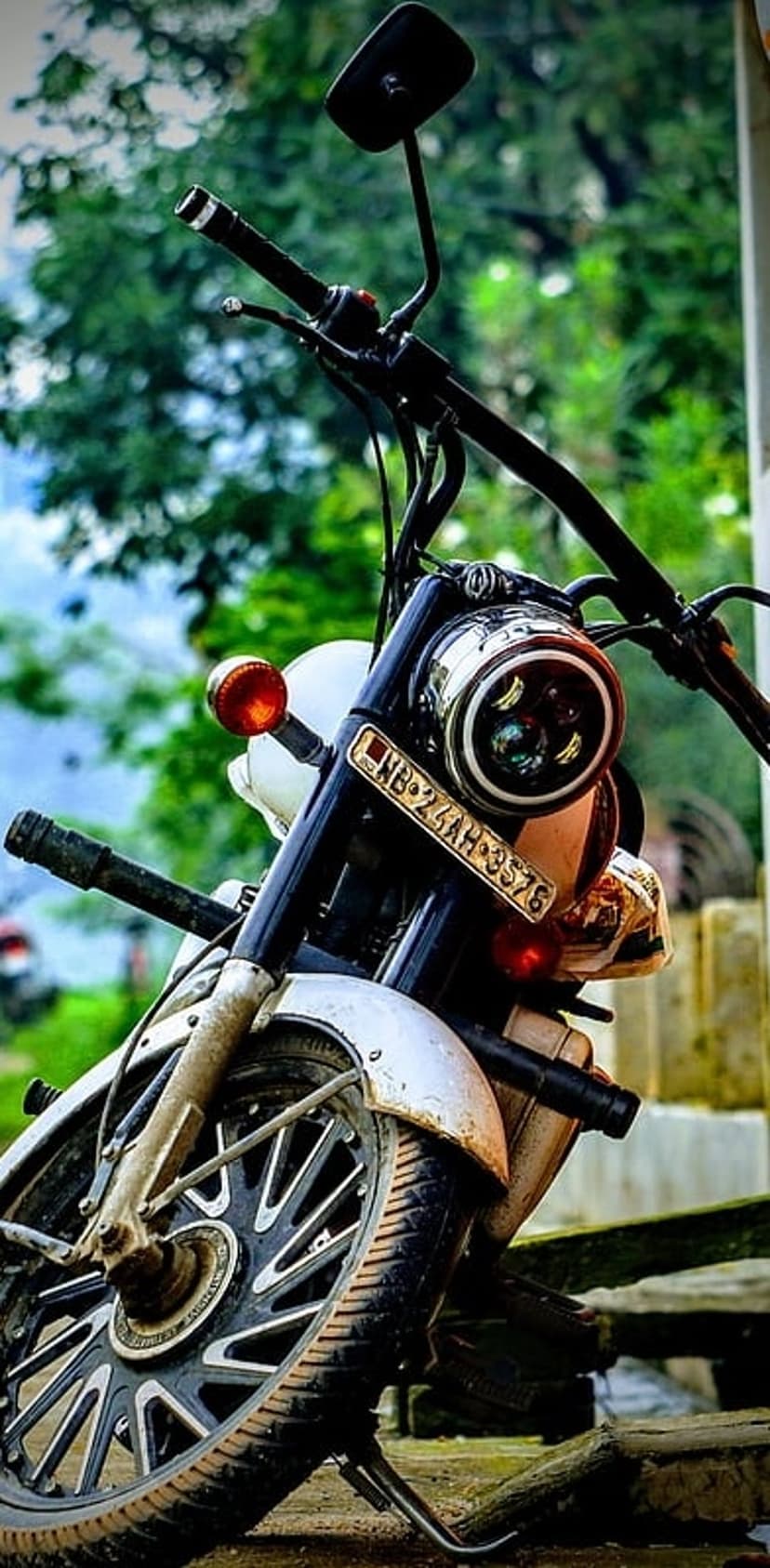 Vintage motorcycle headlight and handlebars positioned against a backdrop of blurry green garden leaves.