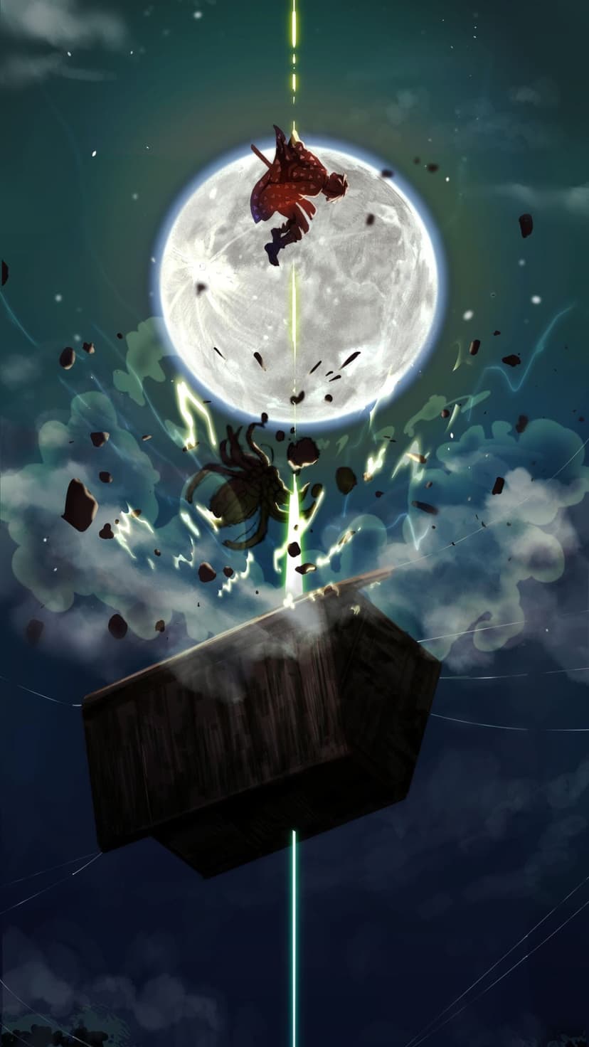 Warrior leaping across a full moon as green energy beams shatter a wooden box into sharp splinters at night.
