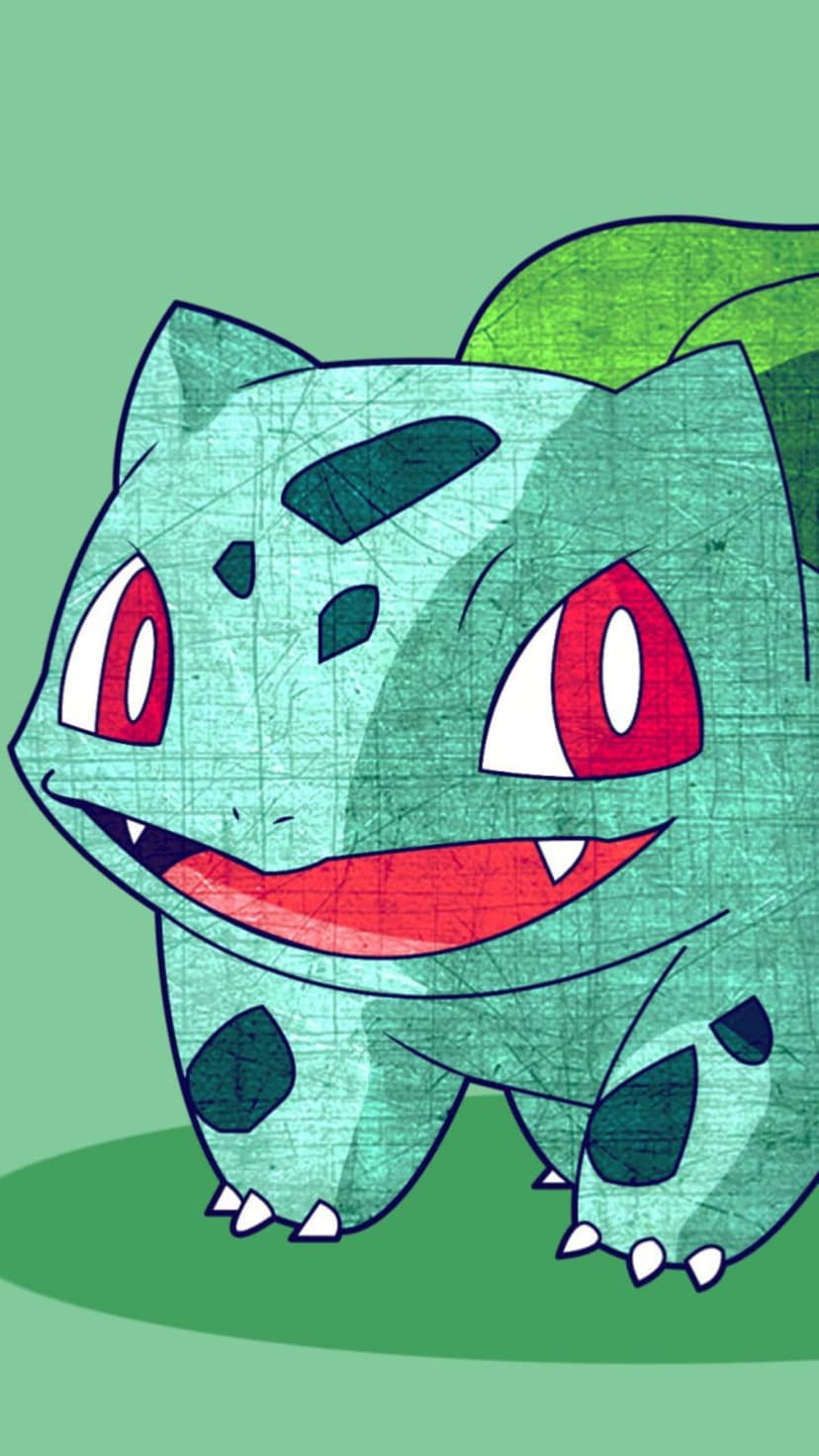 Bulbasaur with red eyes and a wide smile centered on a textured green surface for a smartphone screen display.