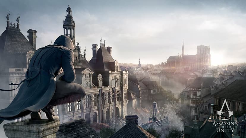 A hooded assassin crouches on a stone chimney overlooking a crowded square with a guillotine in historical Paris.