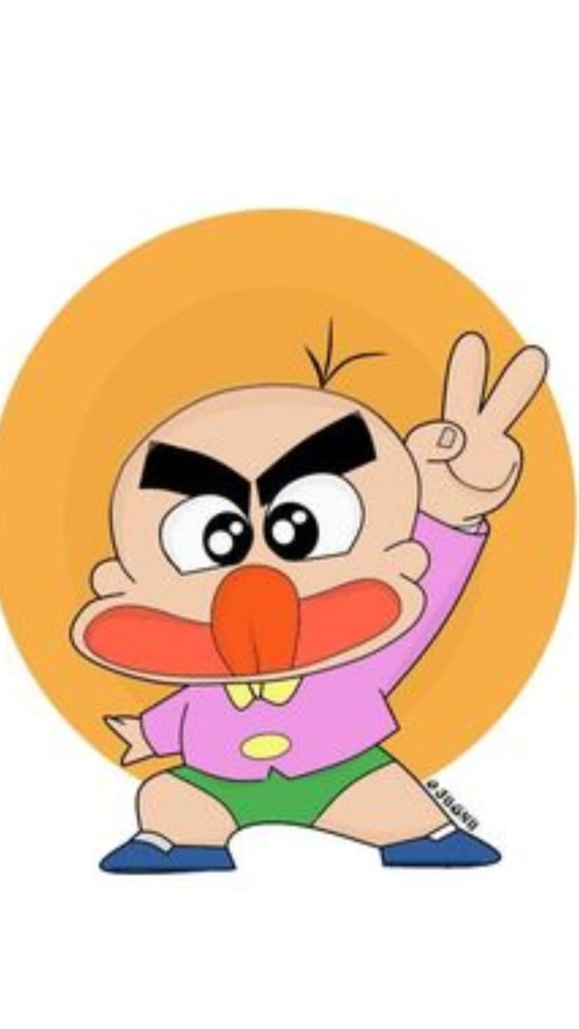 Bald cartoon boy in a pink shirt and green shorts makes a peace sign against a bright orange circular background.