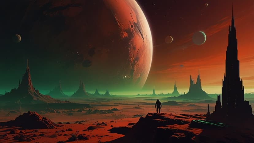 Solitary person on a rocky ledge looking at a massive red planet and futuristic spires under a hazy green sky.