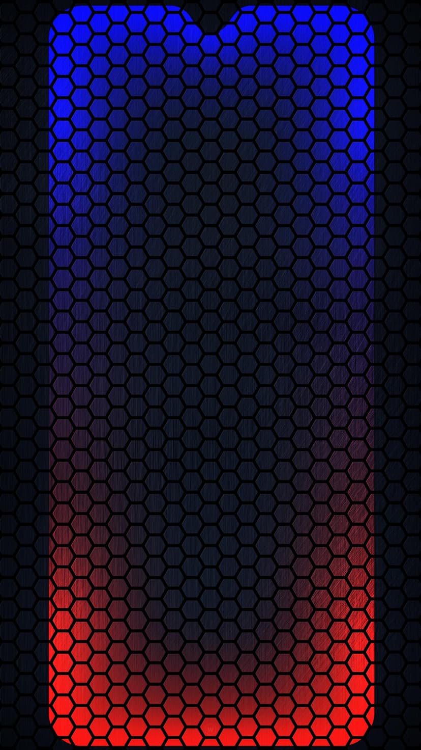 Hexagonal grid with a glowing electric blue and deep red gradient across a dark textured surface.