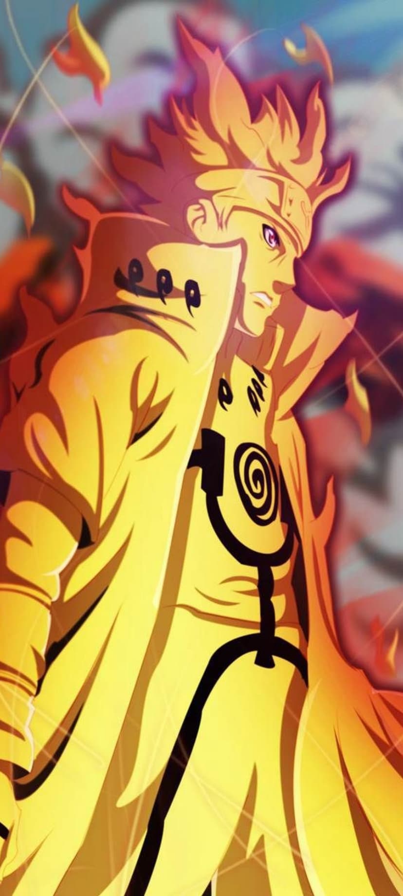Naruto Uzumaki in Sage Mode with golden chakra, wearing an orange cloak and showing focused yellow eyes and red markings.