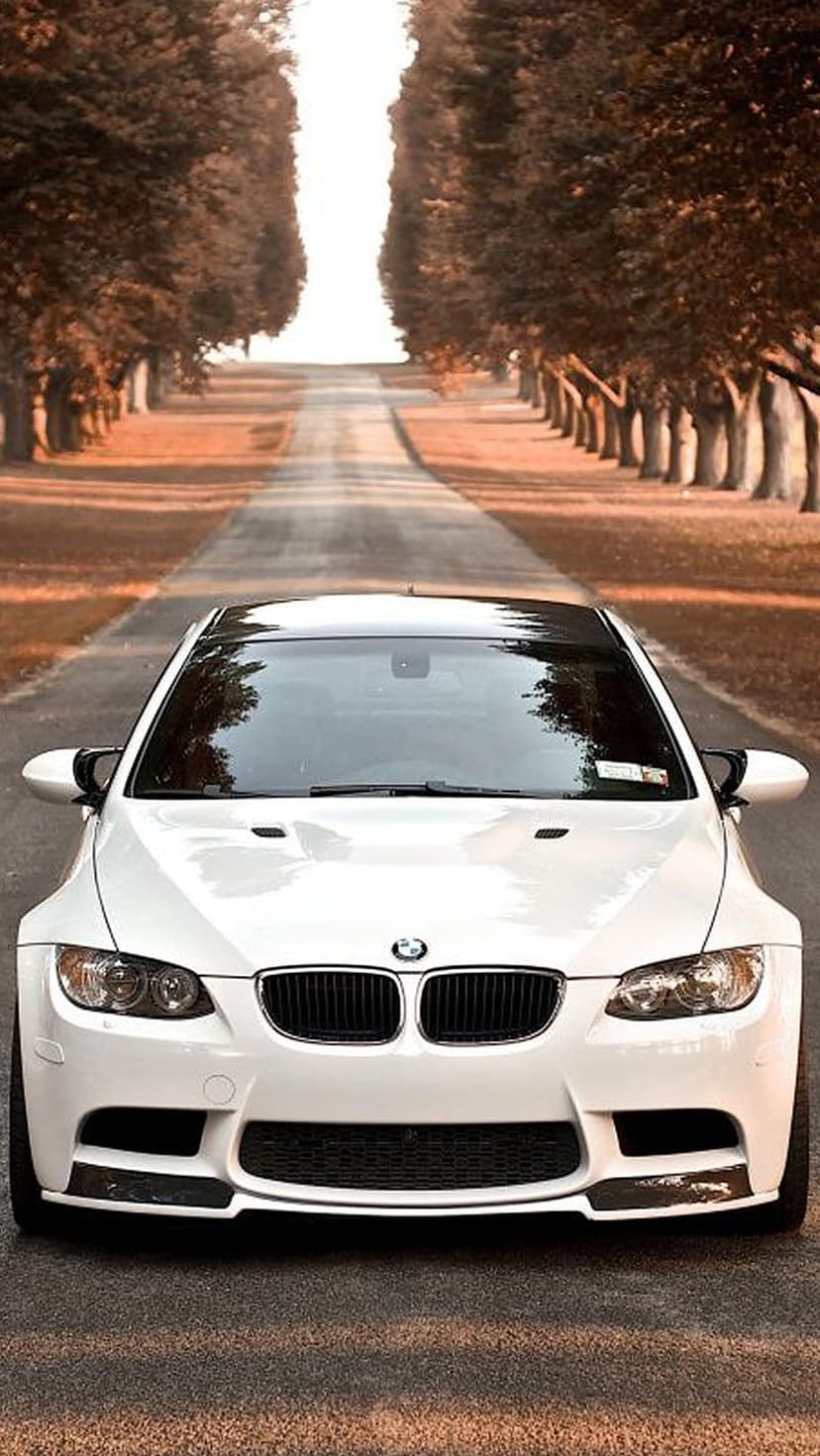White BMW M3 with a black roof drives down a symmetrical road flanked by orange autumn trees and long shadows.