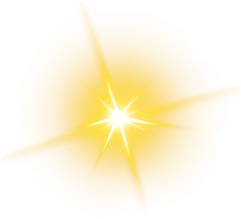 Yellow light burst with radiating golden sparks and luminous central flare on a transparent background.