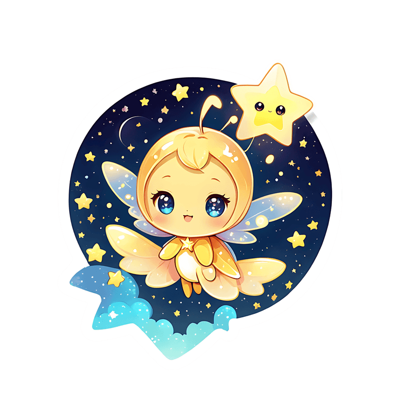 Yellow fairy with iridescent wings floats above blue clouds under a crescent moon in a starry night sky.
