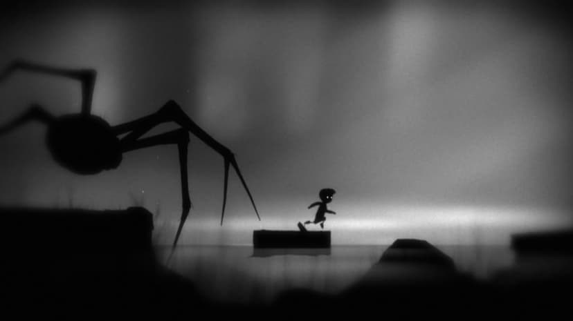 Silhouette of a small boy jumping over a gap while a giant spider looms in a dark, misty environment.