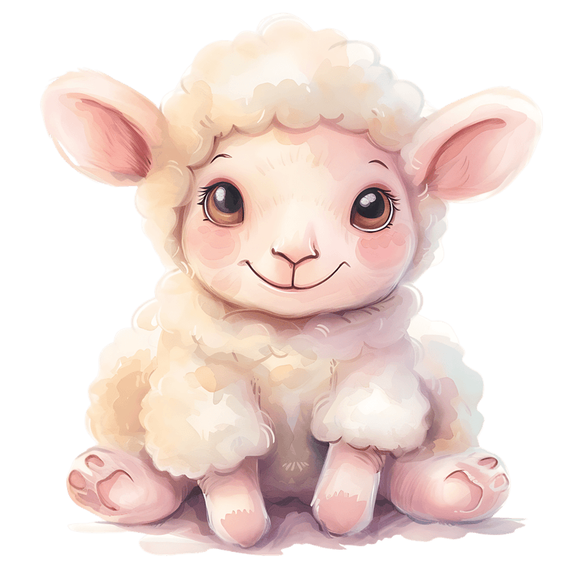 Fluffy white sheep character featuring soft wool and pink cheeks stands centered on a transparent background cutout.