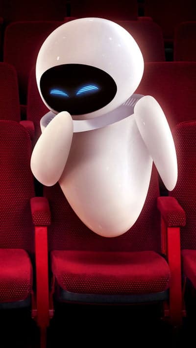 Wall-E's EVE robot sits in a red cinema seat
