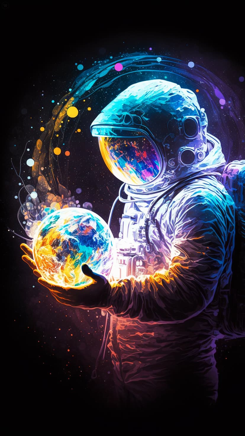 Astronaut in a detailed white spacesuit holding a glowing blue Earth surrounded by colorful cosmic gas clouds.