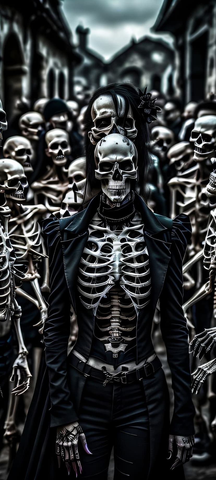 Skeleton in a black jacket stands amidst a crowd of undead beings in a foggy, dark gothic city environment.