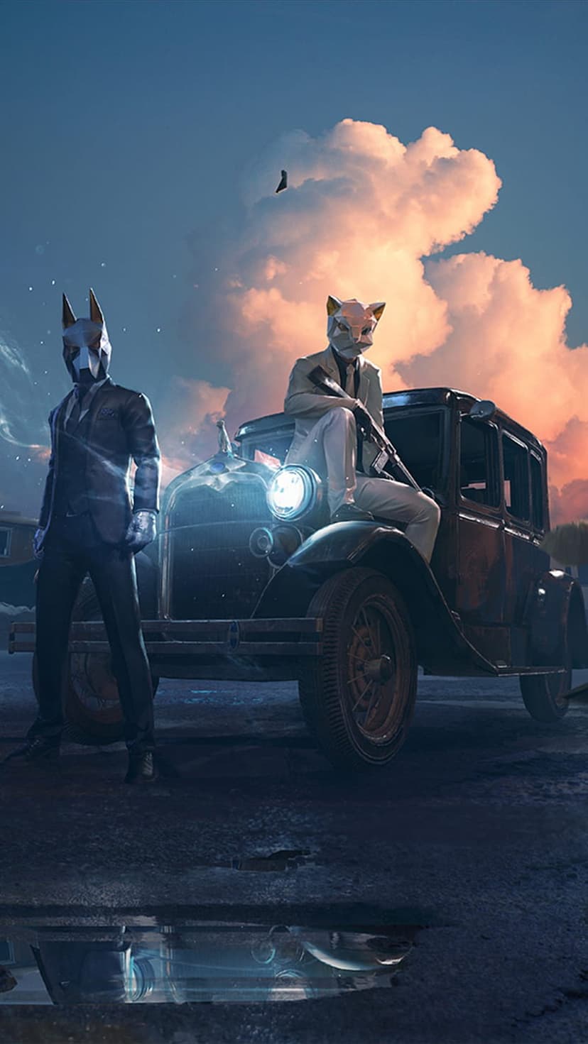 A dog and cat in suits stand by a vintage car under a sunset sky with wet ground reflections and a rifle.