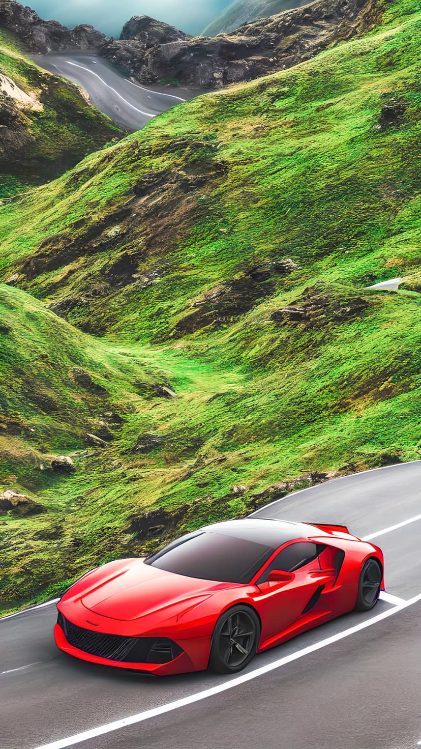 Red sports car drives along a curving mountain highway surrounded by steep green hills under a cloudy sky.