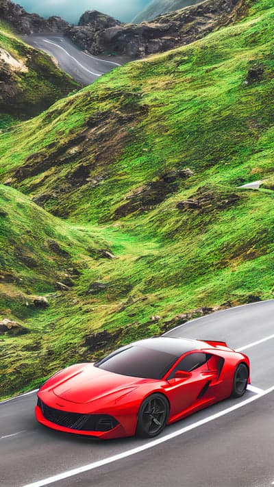 Red Sports Car on Scenic Mountain Road