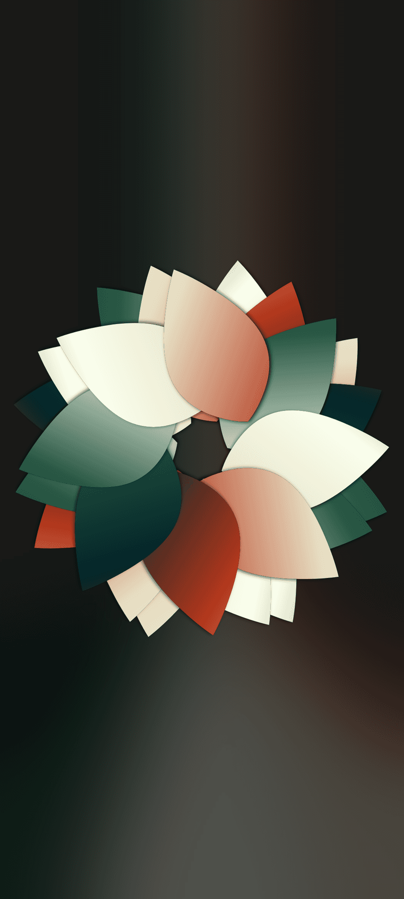 Teal and burnt sienna layered petals form a blooming abstract flower against a dark textured background.