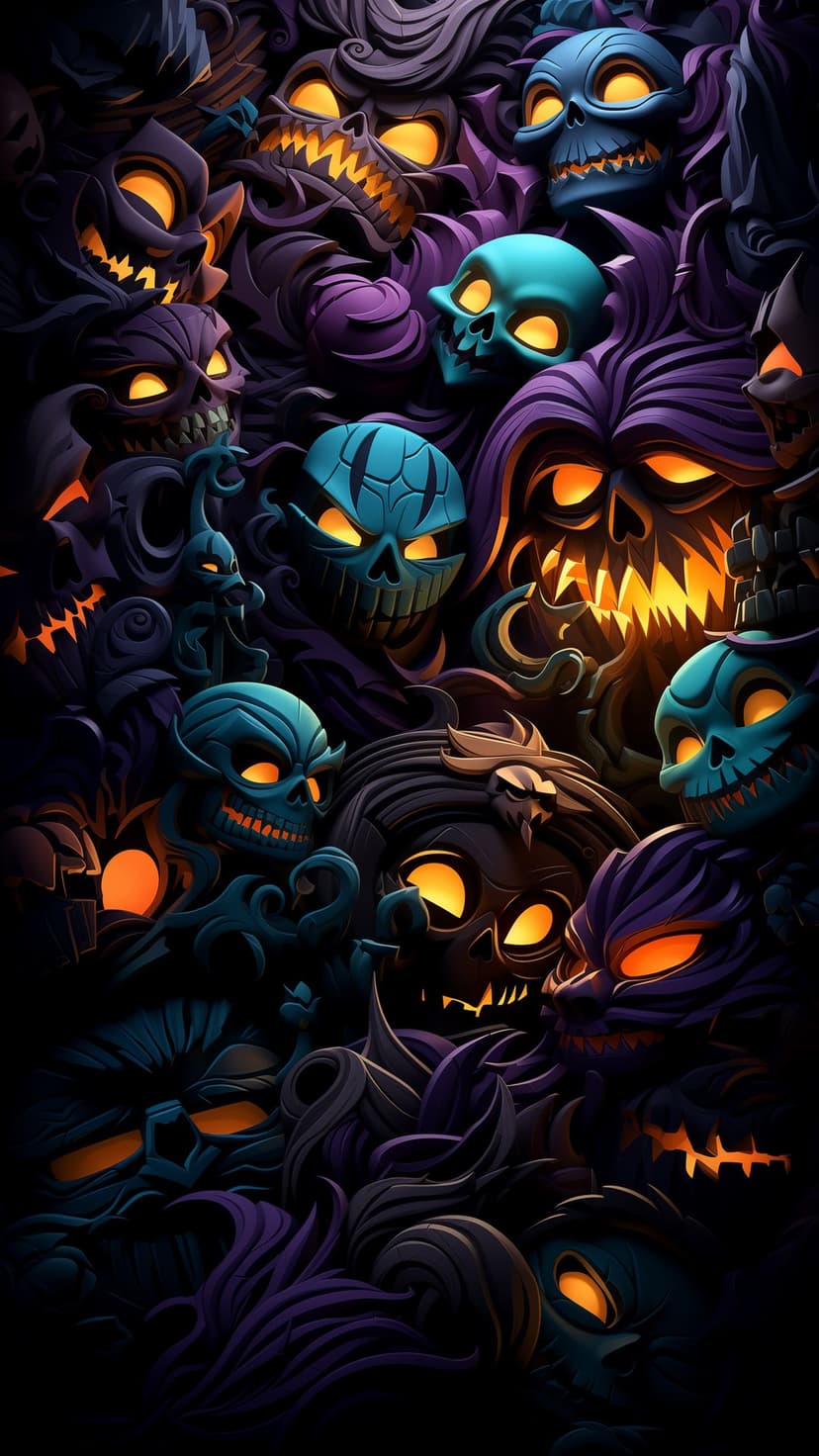 Monstrous skulls with glowing orange eyes and sharp teeth layered in a purple and black vertical arrangement.