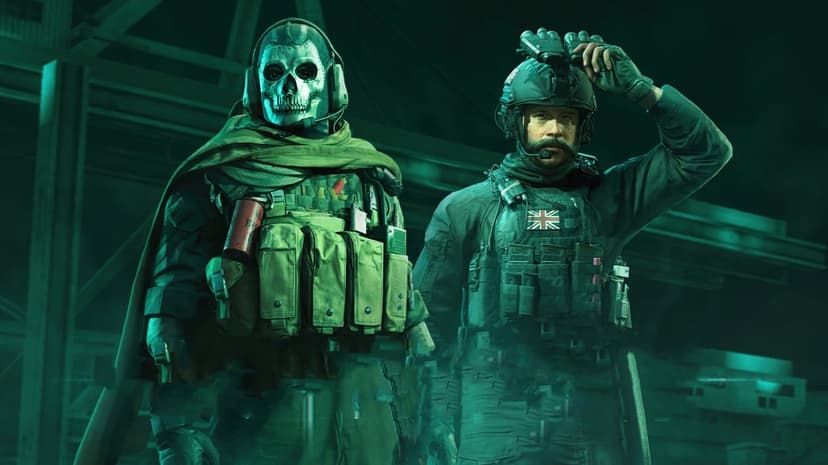 Soldiers Ghost and Captain Price in tactical gear with skull mask and night vision goggles under green lighting.
