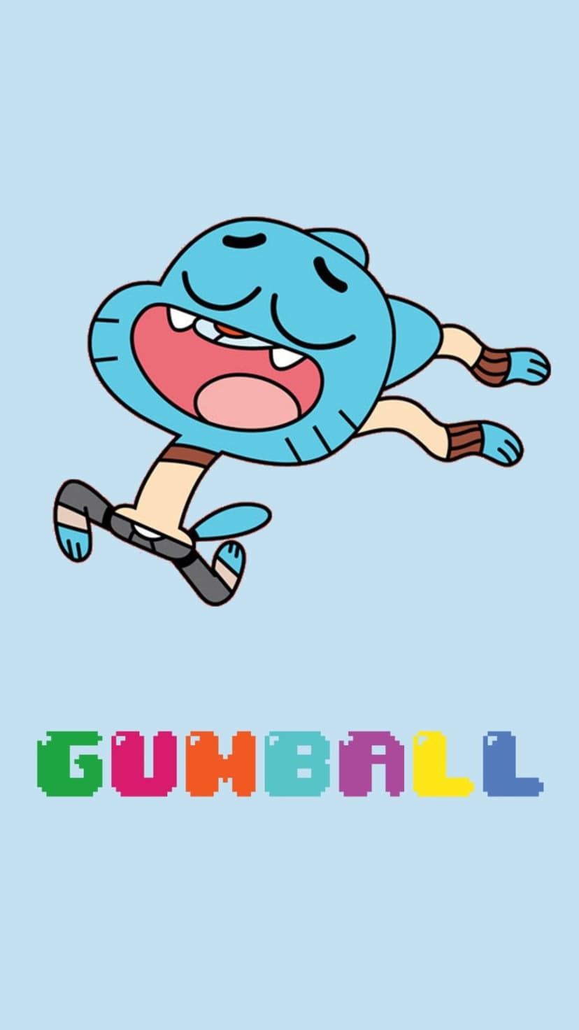 Gumball Watterson leaping with an excited expression above colorful pixelated letters on a light blue background.