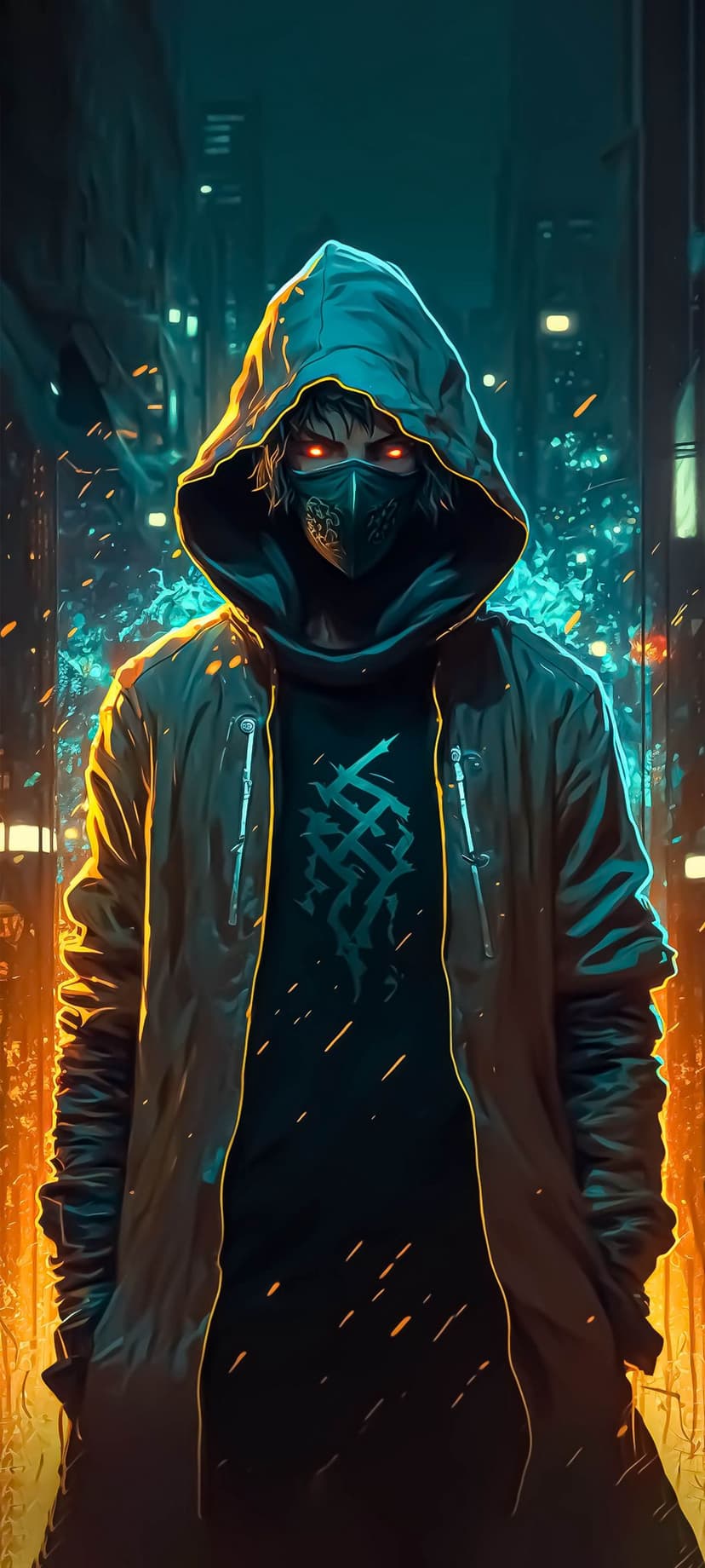 Hooded person with glowing red eyes and a black mask standing against a blurred neon blue and orange city street.