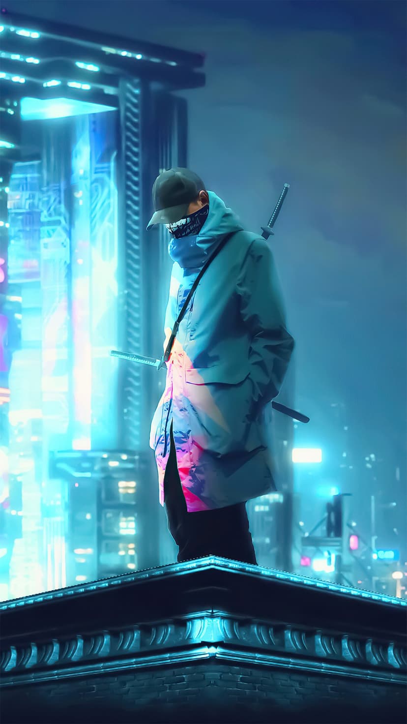 Masked warrior with katanas stands on a rooftop overlooking a blue neon futuristic city with glowing lights.