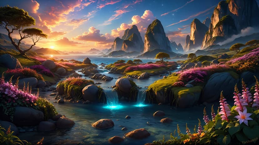 Waterfall landscape at sunrise with cascading water falling into a river surrounded by lush green cliffs and mist.