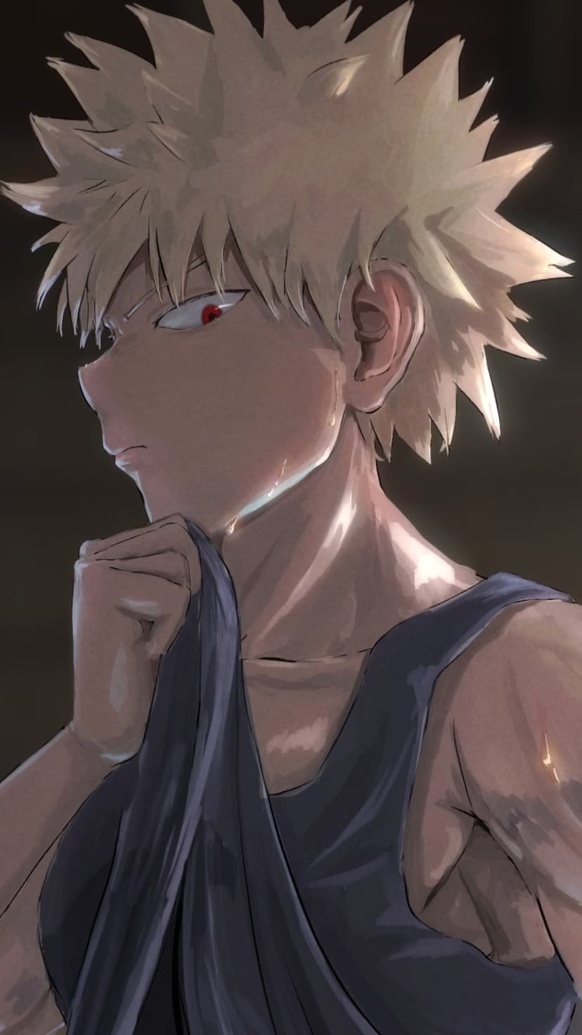 Bakugo Katsuki with spiky blond hair and red eyes pulls his shirt collar while looking away in emotional distress.