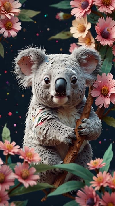 Whimsical Koala Bear with Pink Blooms Phone Wallpaper