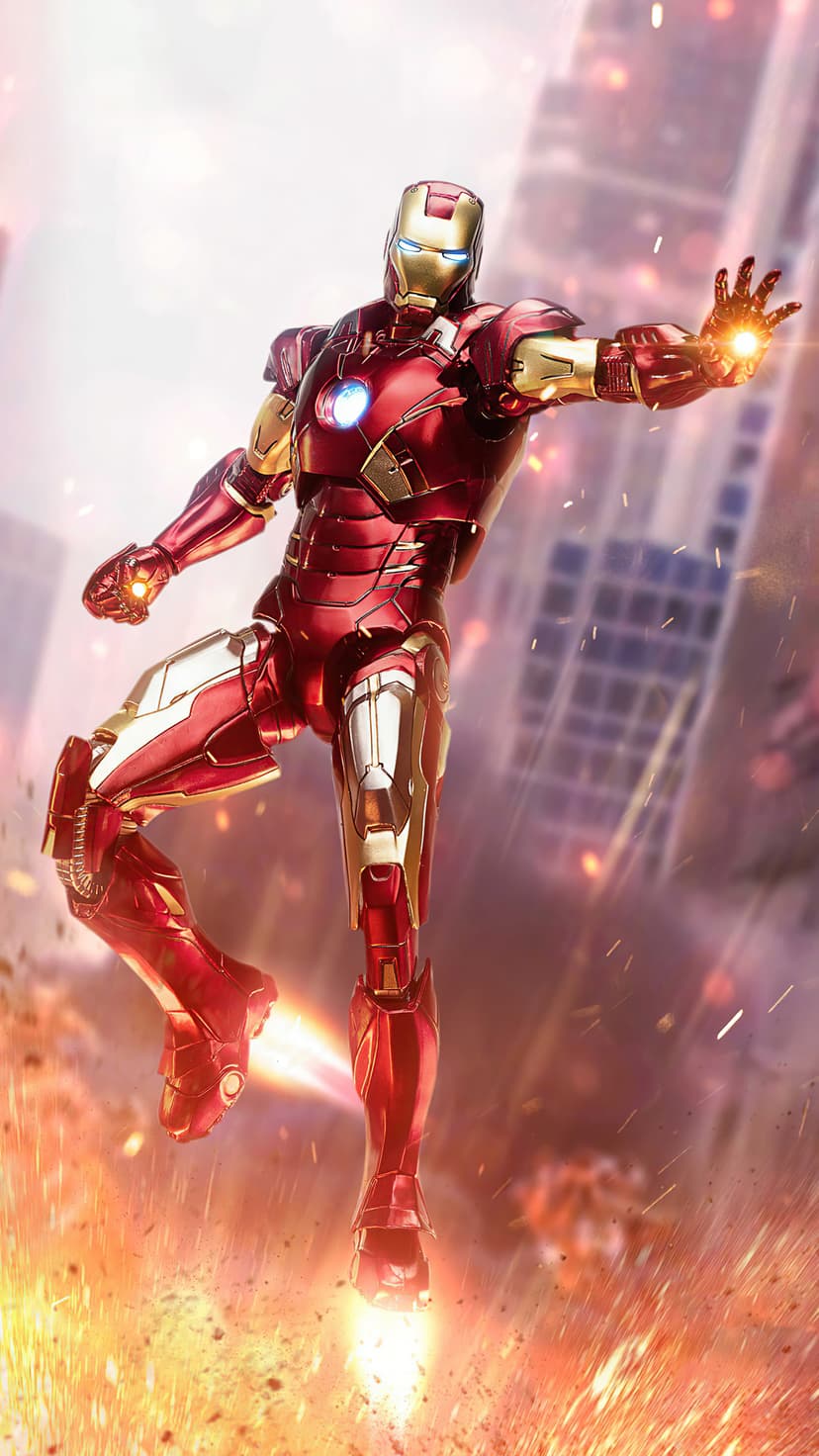 Iron Man flies through a burning city with a glowing arc reactor and energy emitting from his outstretched palm.