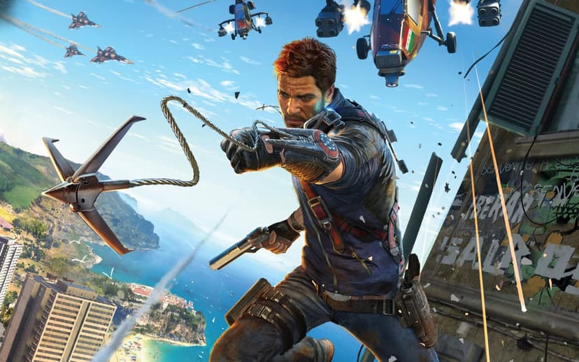 Rico Rodriguez launches a grappling hook over a Mediterranean coastline with jets flying in the blue sky.