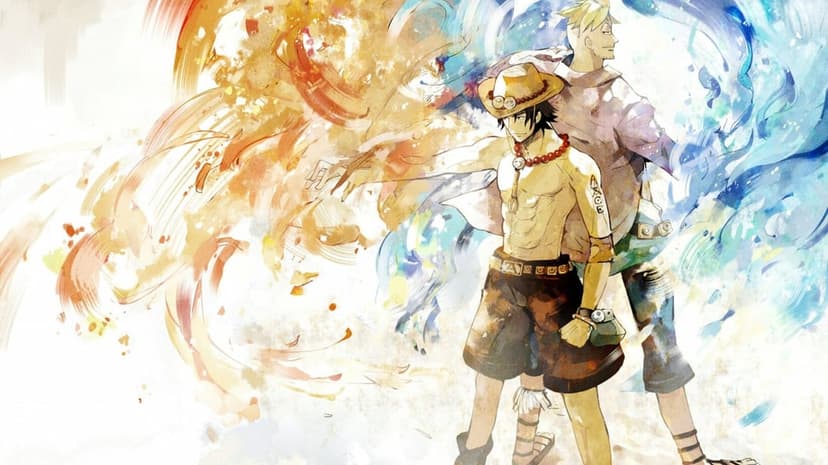 Portgas D. Ace stands beside Marco amidst swirling orange fire and blue phoenix feathers in a vertical layout.