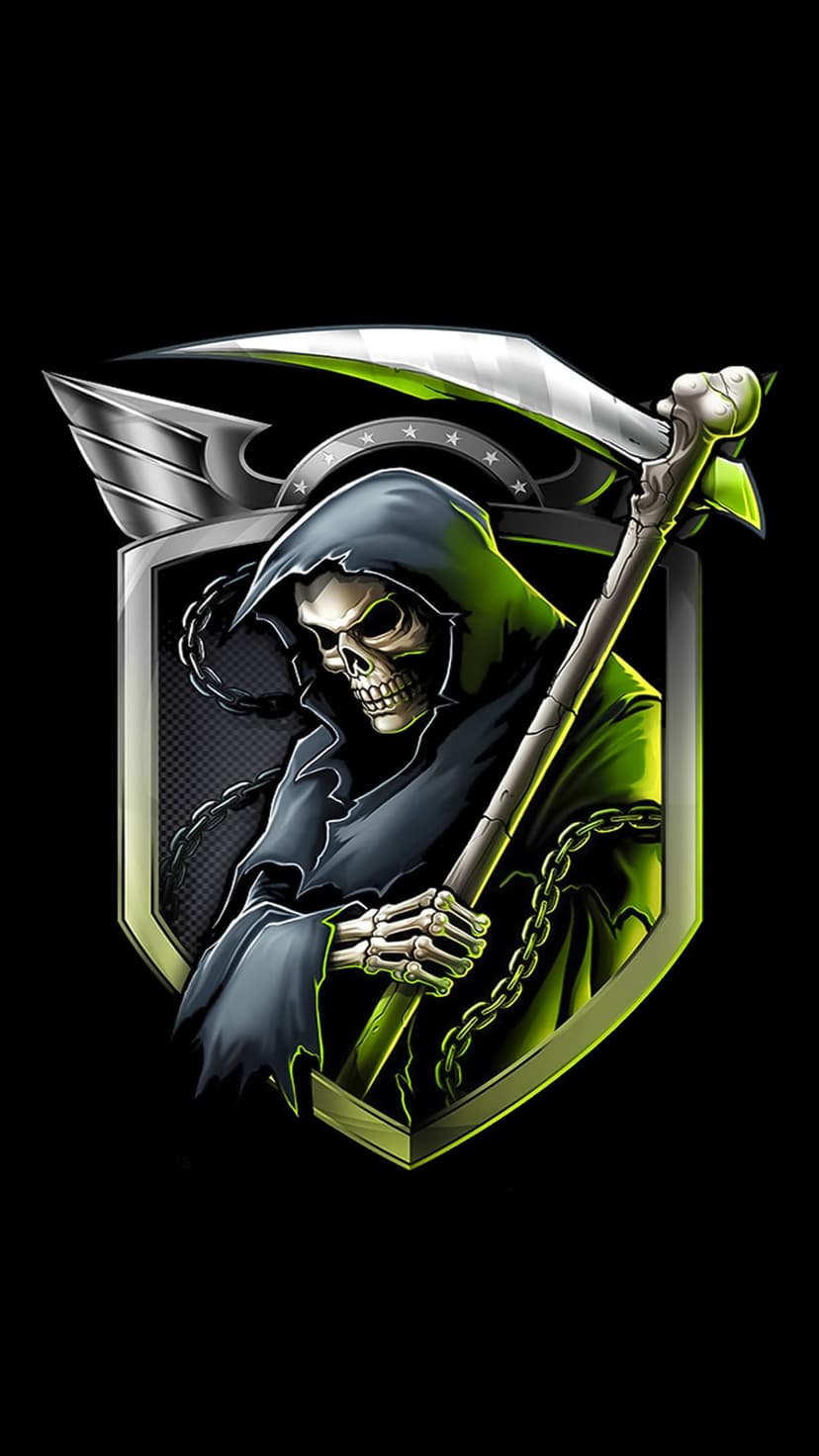 Grim reaper skull wearing a dark hood, holding a glowing green scythe within a metallic chain-link emblem.
