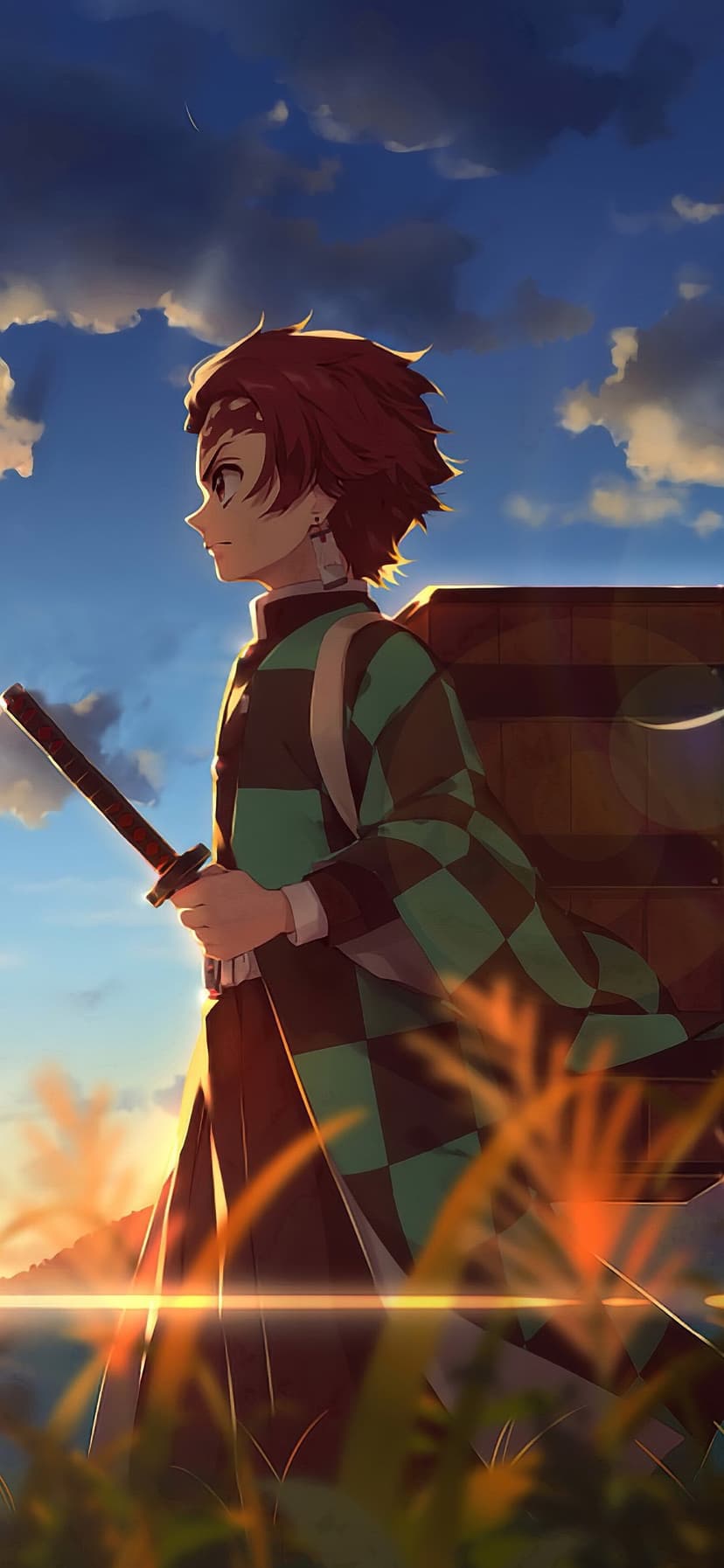 Tanjiro Kamado in a checkered haori stands in tall grass at sunset with a sword and a wooden backpack.