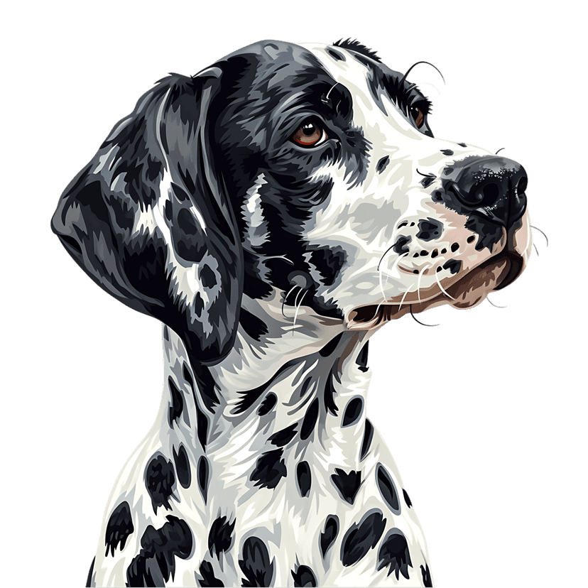 Dalmatian dog portrait showing black spots on a white coat with alert ears against a solid black background.