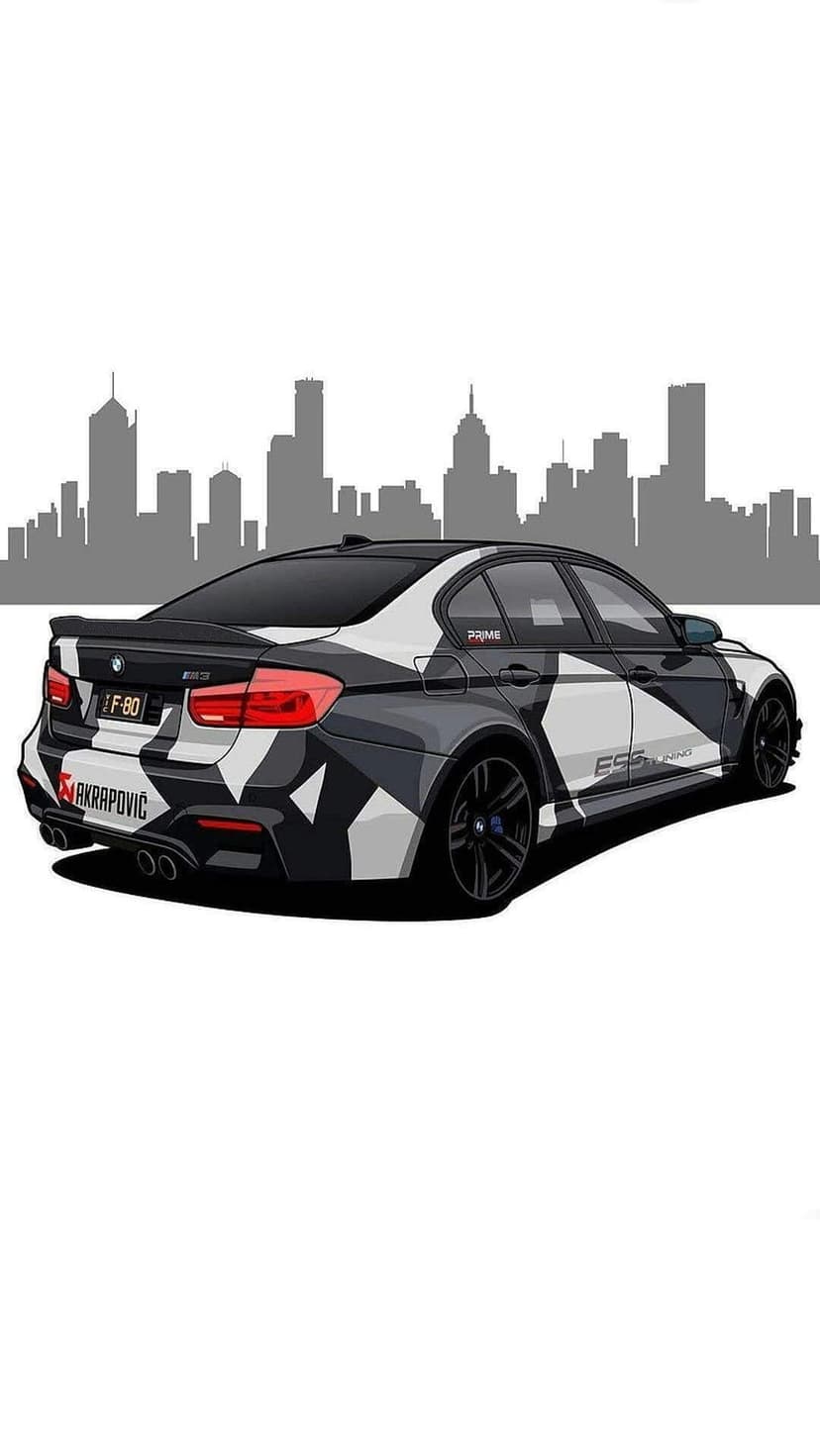 BMW M3 sedan with a black and gray camouflage wrap parked before a dark city skyline in a vertical art style.