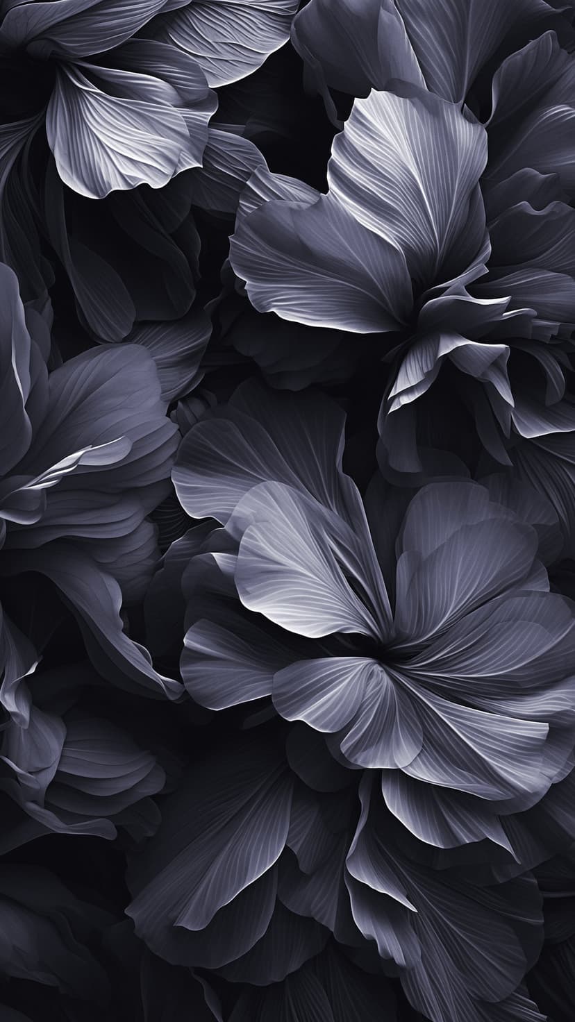 Monochrome flower petals showing intricate veins and high-contrast shadows in a vertical macro composition.
