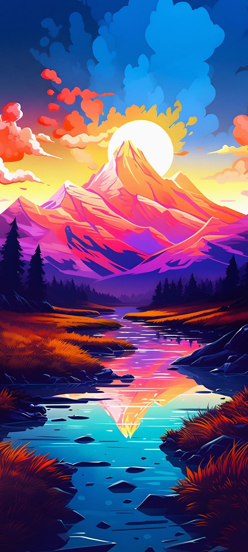 Jagged mountain peaks and pine trees reflect in a calm river under a fiery orange and purple sunset sky.