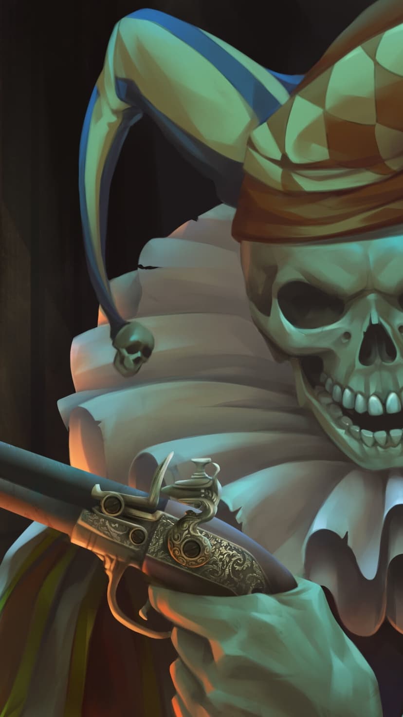 Skeletal jester in a blue striped hat points an engraved flintlock pistol forward with a grimacing jaw.