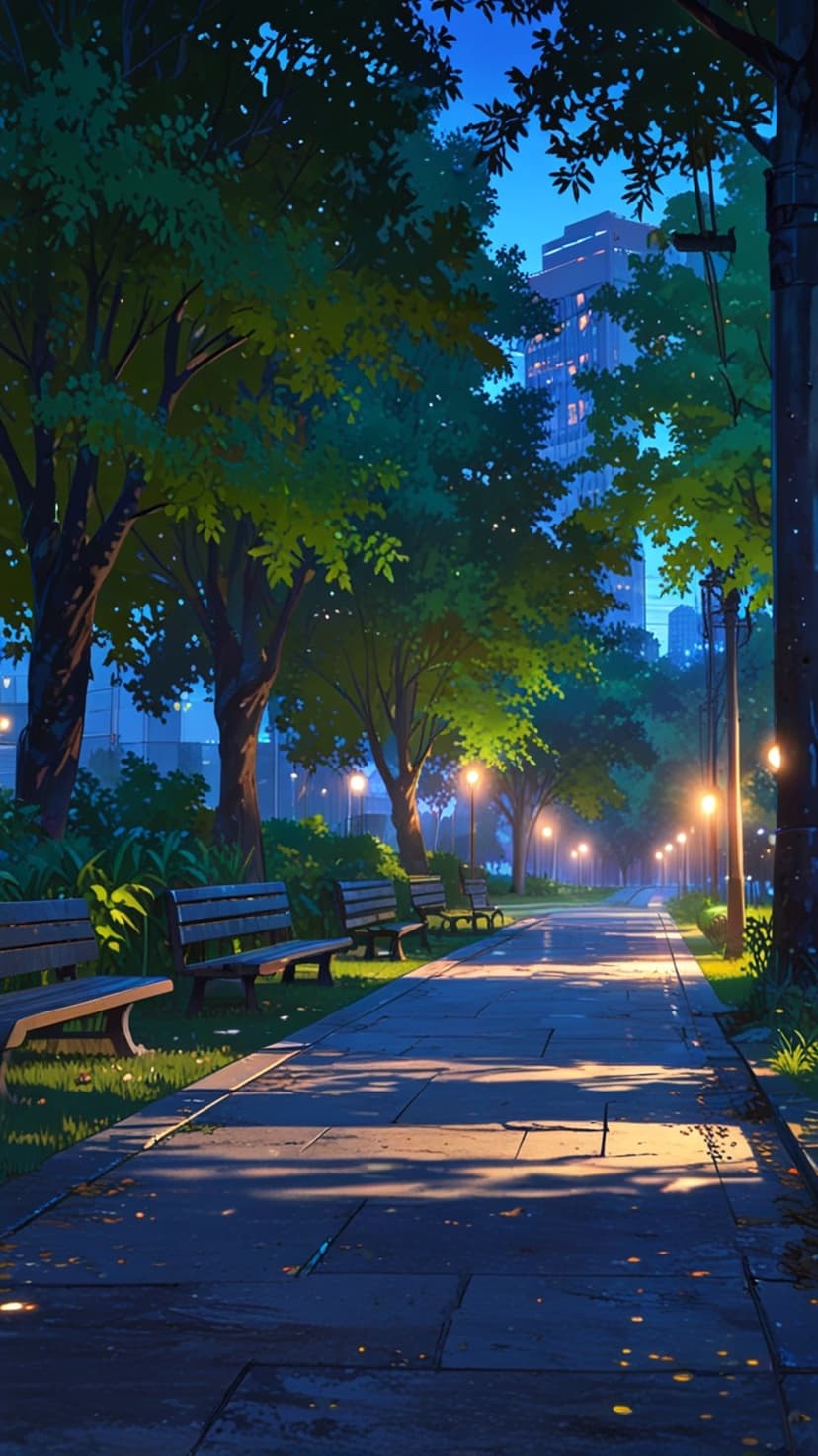 Empty park benches line a paved walkway under glowing streetlights with a distant city skyline at twilight.
