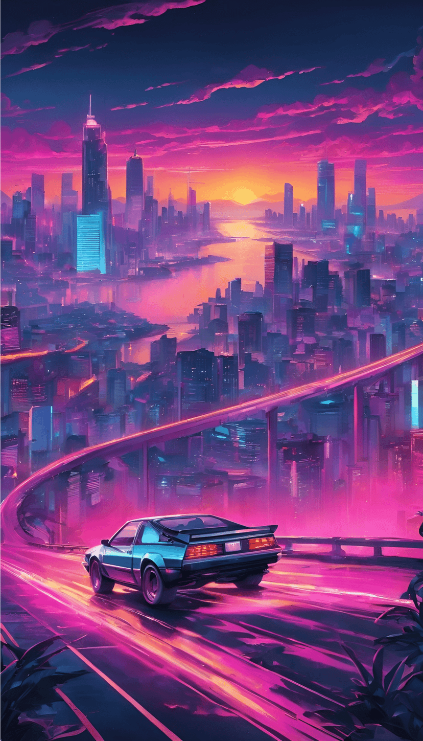 Sleek retro car cruises down a neon highway toward a massive purple sun and glowing futuristic skyscrapers.